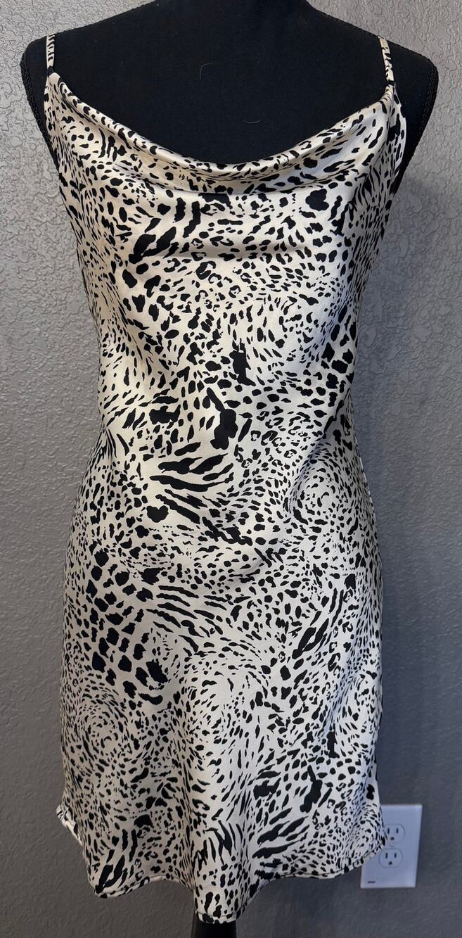Timing Womens Sz M Animal Print Drape Neck Satin Feel Slip Midi Dress - Picture 1 of 7